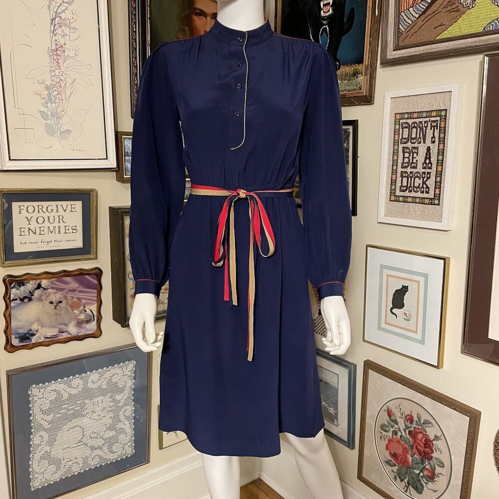 70s Vintage Dark Blue Silk Long Sleeve Dress with Triple Strand Belt and Pockets